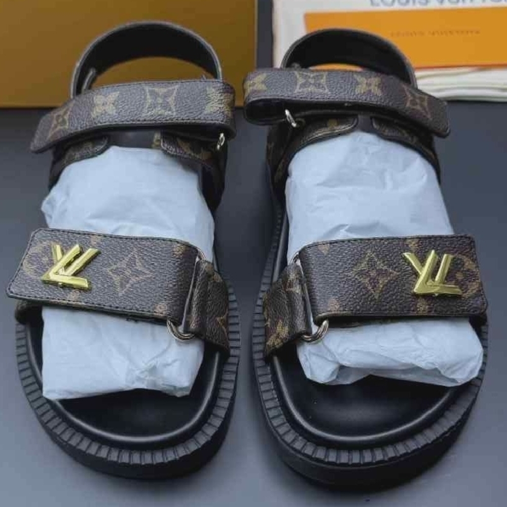 Louis Vuitton Brown Monogram Leather Adjustable Strap Sandals with Gold LV - Picture 3 of 13